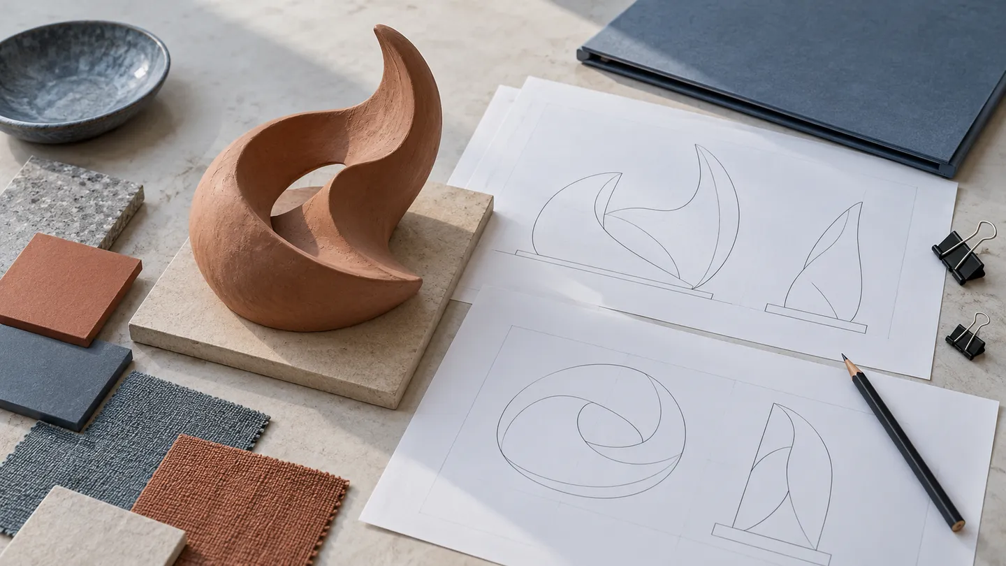 Concept approval pack with an abstract clay model, outline drawings and separate surface references