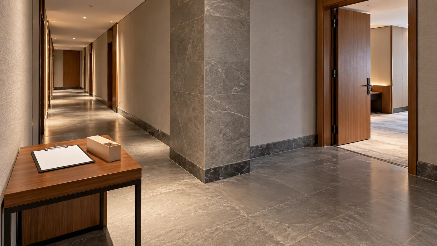 AI concept of an empty hotel service corridor with a right-angle turn and an open interior doorway