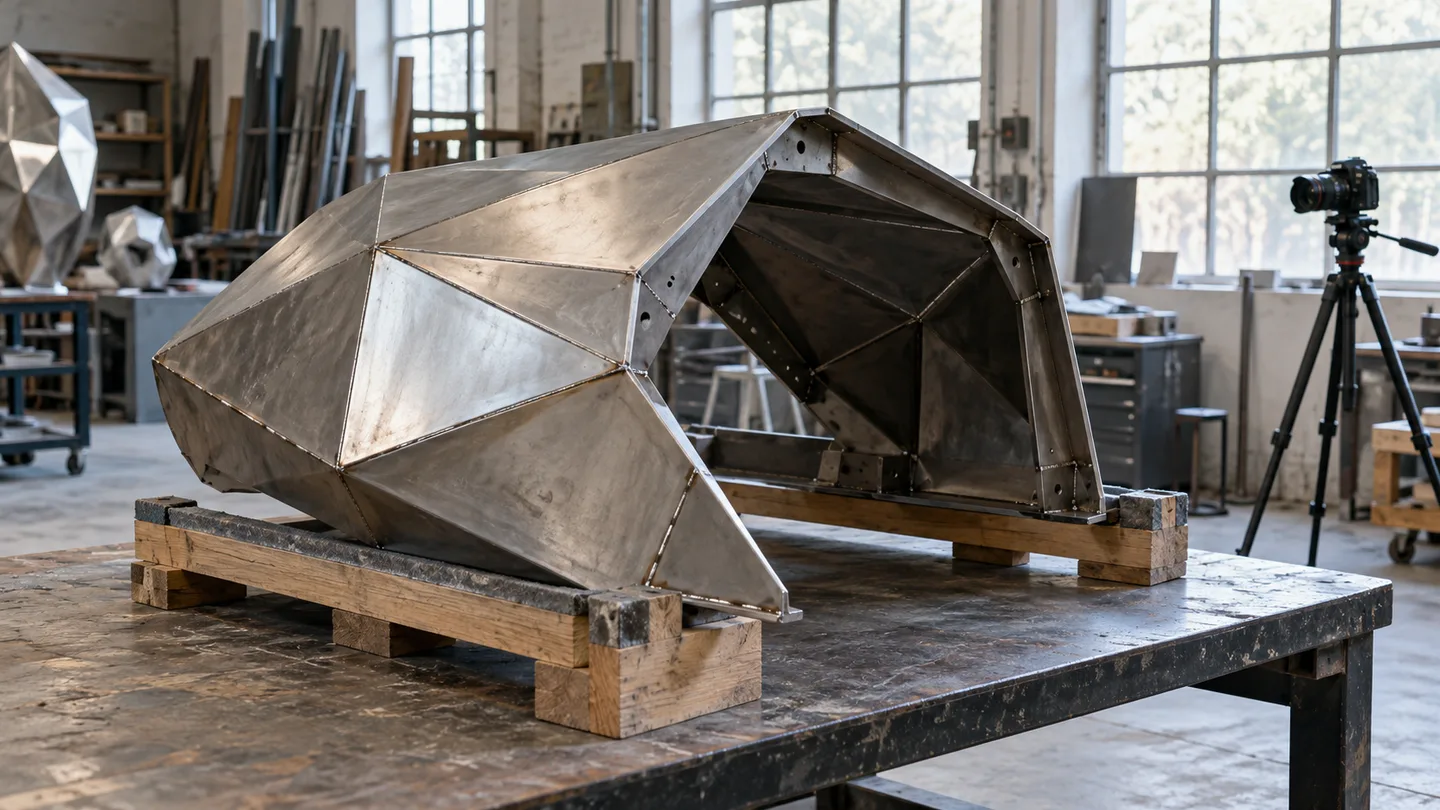 AI concept of an unfinished hollow geometric sculpture section on a cradle with a camera set up nearby