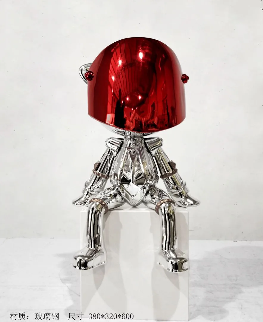 Existing Weiya catalogue photograph of a red and reflective silver abstract character sculpture