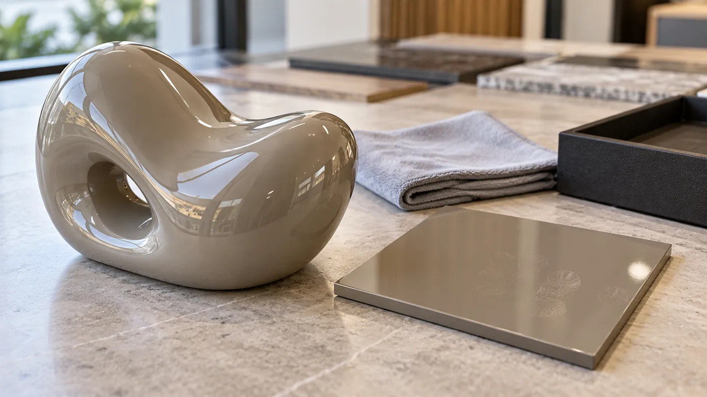 AI concept of a finish sample and abstract sculpture study beside a folded microfiber cloth and an empty sample tray