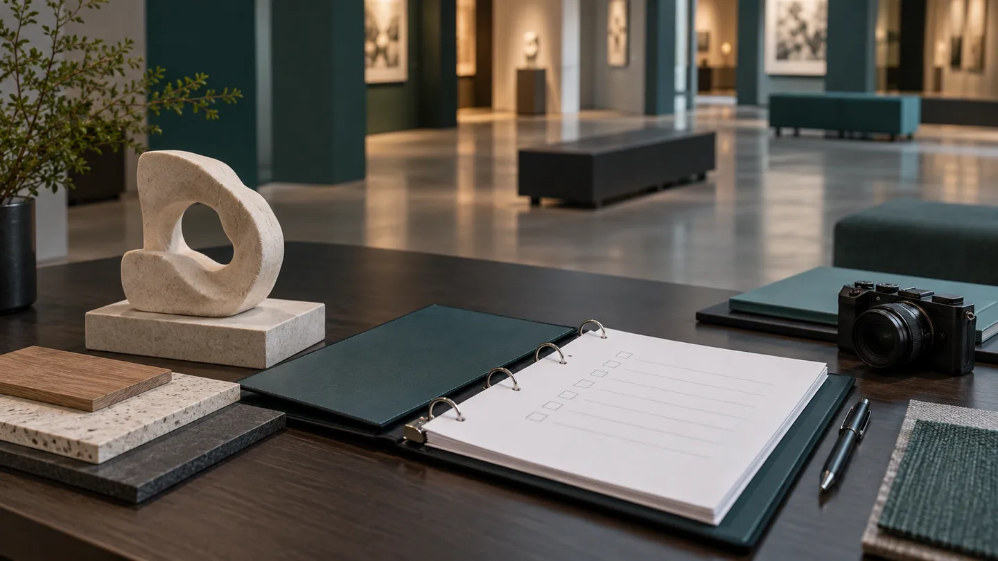 AI concept of a retail facilities review desk with a sculpture model, blank inspection binder and finish reference