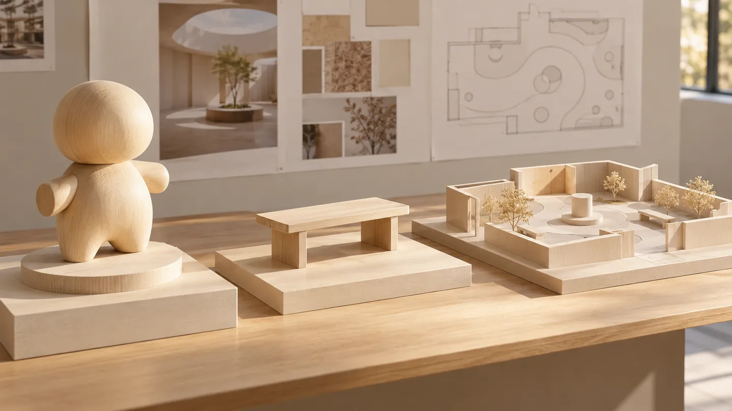 AI concept of separate display-character, ordinary bench and visitor-layout maquettes on a review table